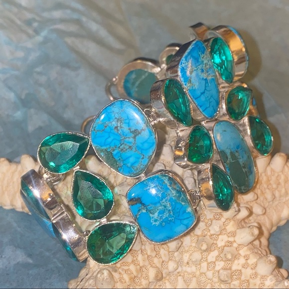 Tibetan Turquoise + Tourmaline gem cluster statement cuff - Picture 2 of 7